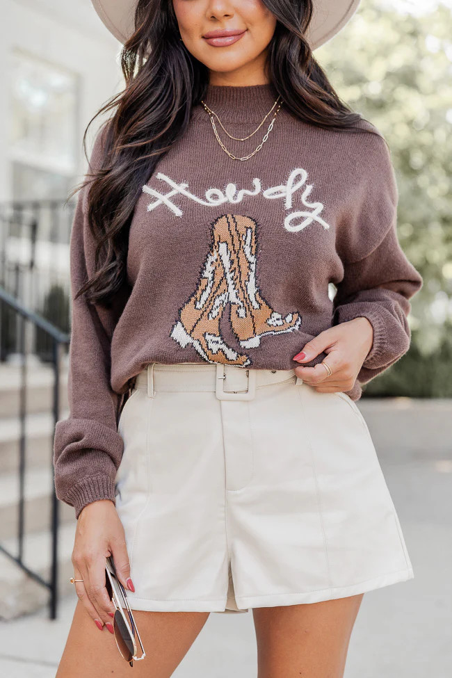 Can't Get Enough Brown Howdy Mock Neck Sweater | Pink Lily