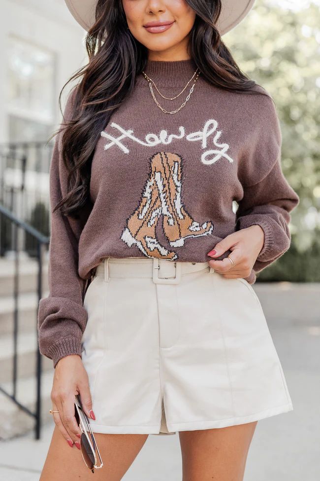 Can't Get Enough Brown Howdy Mock Neck Sweater | Pink Lily
