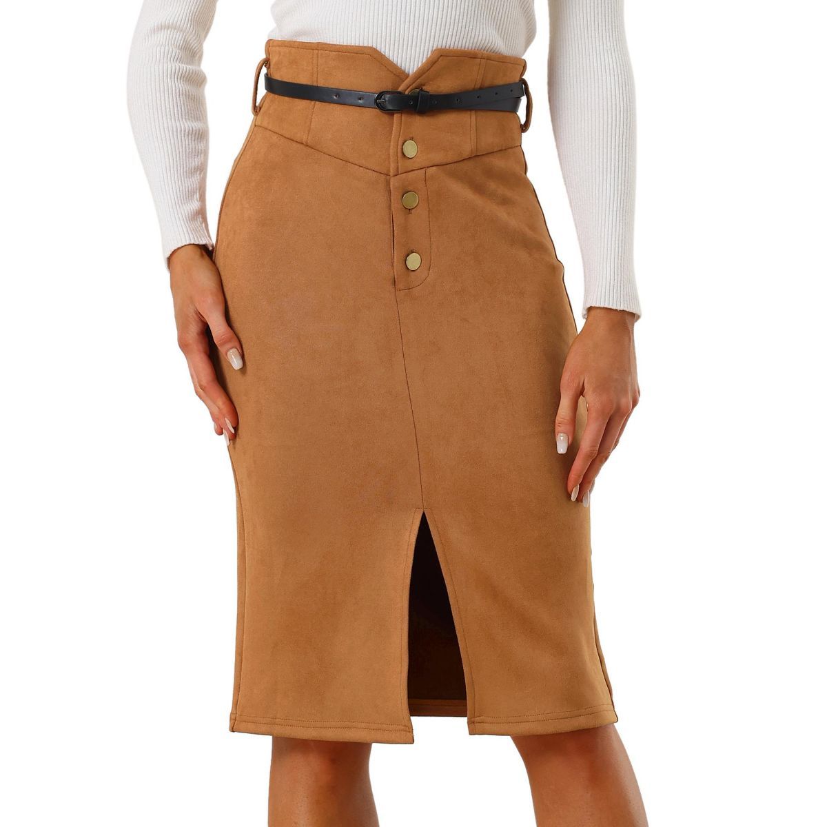 Allegra K Women's Faux Suede Skirt High Rise Button Front A-line Slit Skirt | Target