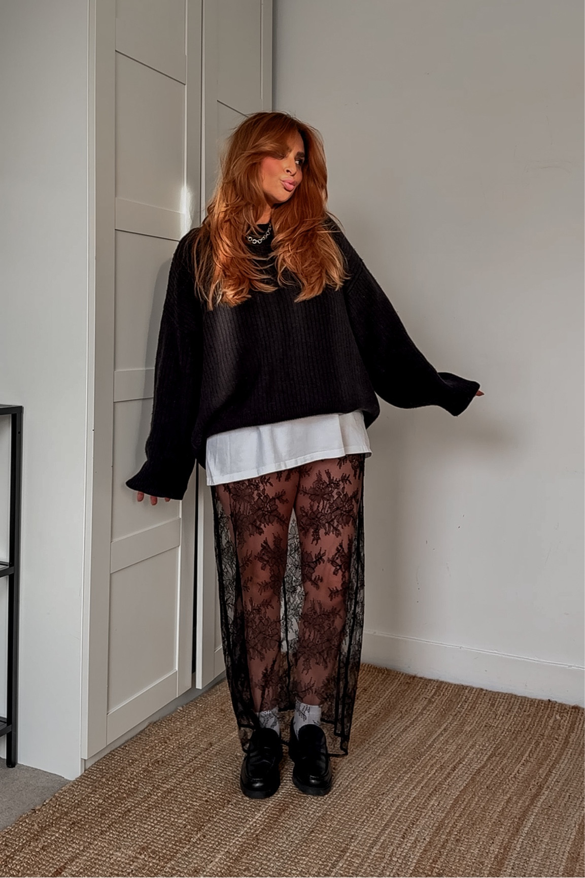 Lace skirt, white tshirt,  black jumper, black loafer outfit 

#LTKmidsize