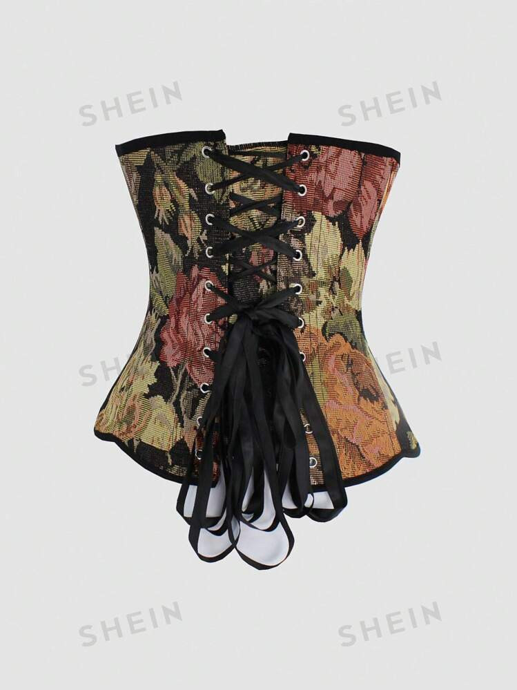 SHEIN Sweetro Women's Medieval Retro Floral Patterned Bustier Waist Shaping Top | SHEIN