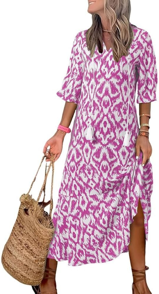 Dokotoo Women Boho Summer Dress 2024 Frill Short Sleeve Tassel V Neck Ruffle Flowy A-Line Maxi Dr... | Amazon (US)