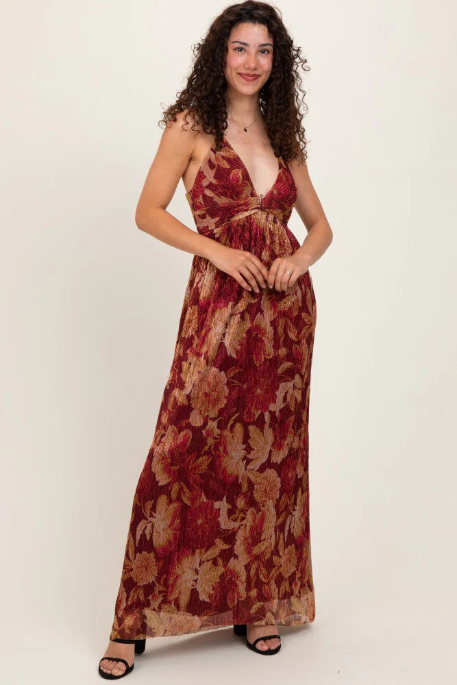 Burgundy Floral Deep V-Neck Back Cutout Maxi Dress | PinkBlush Maternity