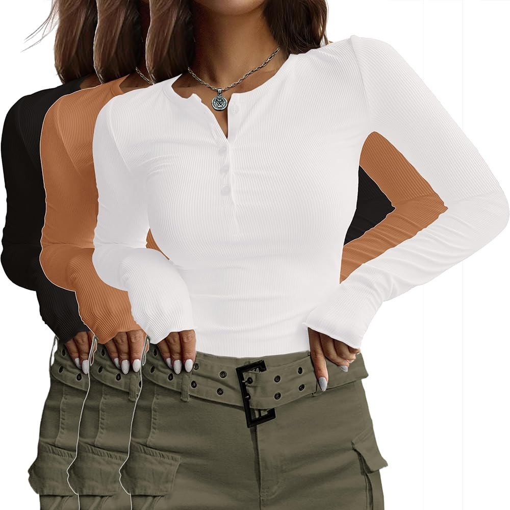 Ekouaer Women's Long Sleeve Shirts 3 Packs Henley Button Down Tops Ribbed Slim Fit Base Layer Sof... | Amazon (US)