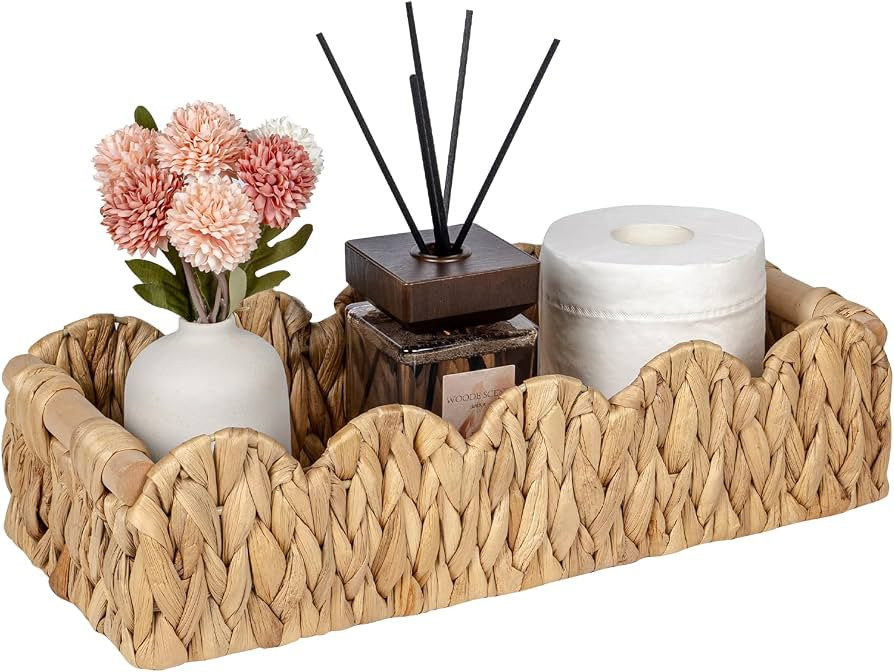 Kriitools Wicker Bathroom Basket Tray Organizer w/Scalloped for Toilet Paper, Small Rattan Decora... | Amazon (US)