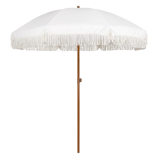 AMMSUN 7ft Patio Umbrella with Fringe Outdoor Tassel Umbrella UPF50+ Premium Steel Pole and Ribs Push Button Tilt, Cream White | Amazon (US)