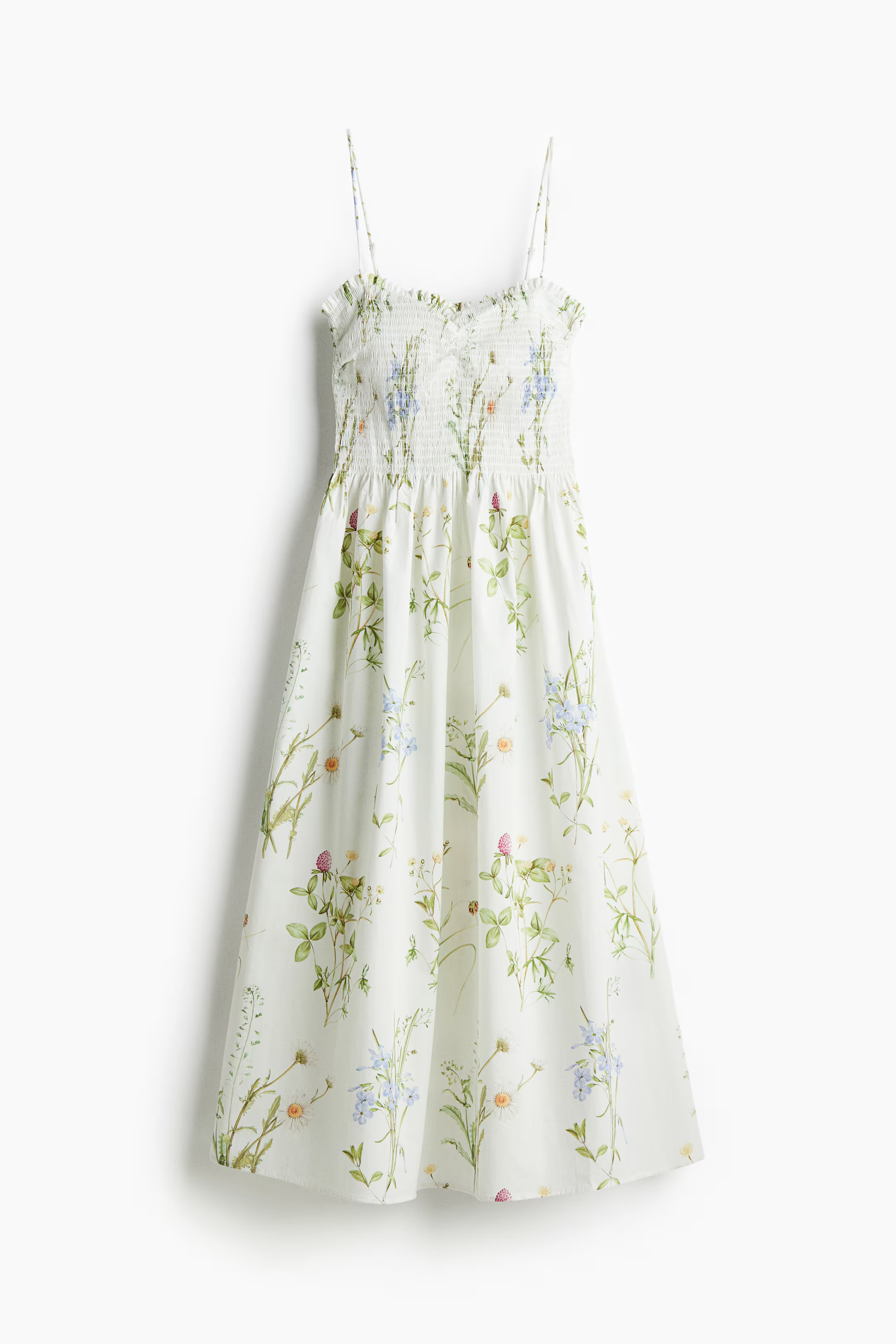 Smock-topped dress - White/Floral - Ladies | H&M GB | H&M (UK, MY, IN, SG, PH, TW, HK)