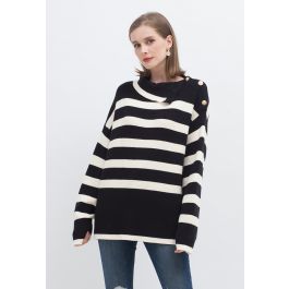 Buttoned Neck Striped Oversize Sweater in Black | Chicwish
