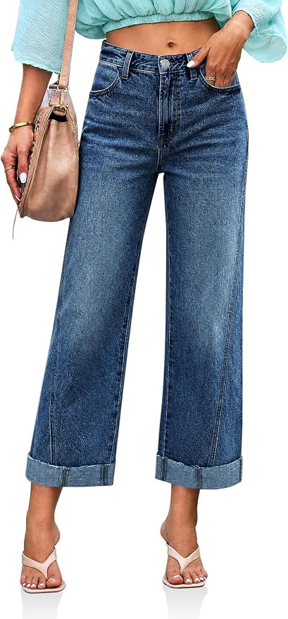 Cicy Bell Womens Cropped Wide Leg Jeans Cuffed Barrel Denim Pants | Amazon (US)