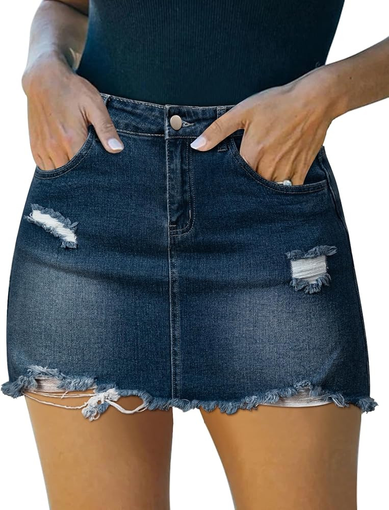 GOBLES Women's Sexy Mid Waist Zipper Closure Frayed Raw Hem Ripped Mini Denim Skirts | Amazon (US)