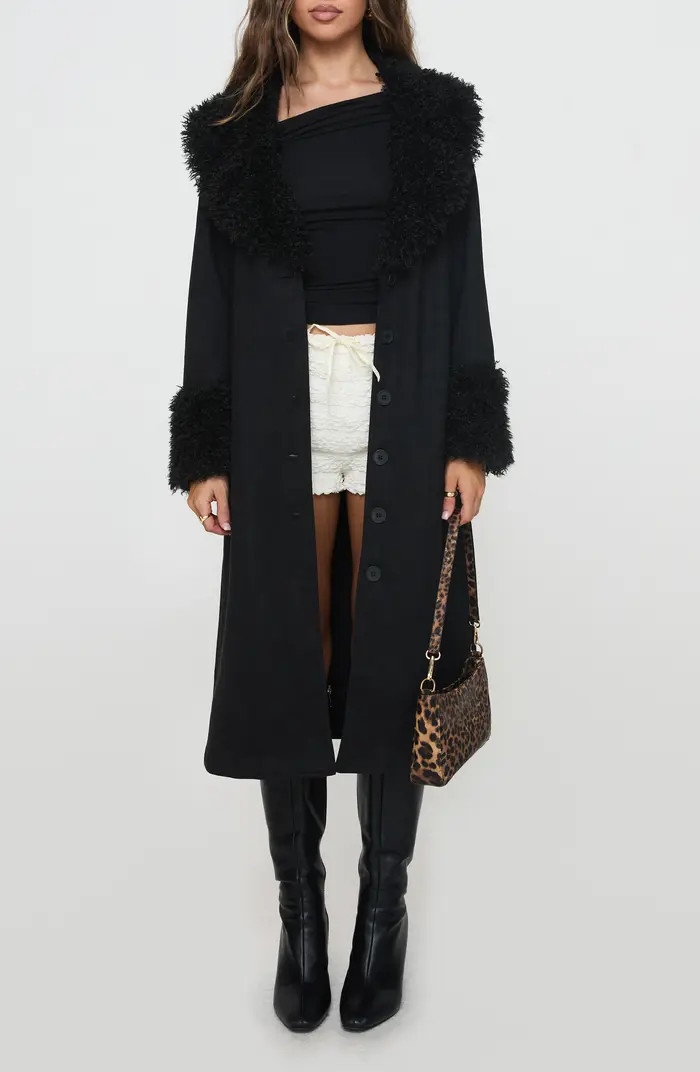 Princess Polly After Party Faux Suede Long Coat with Faux Shearling Trim | Nordstromrack | Nordstrom Rack