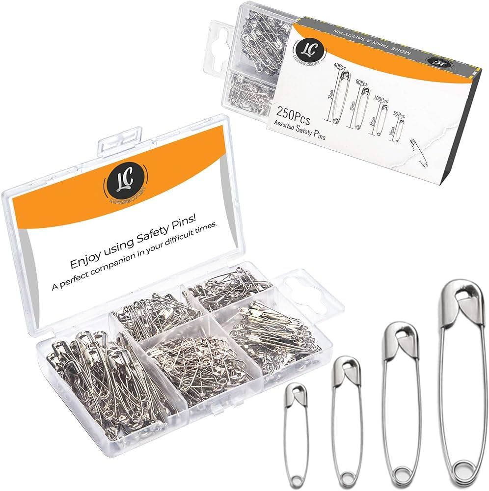 250 Pack Safety Pins by Luxurecourt, 4 Assorted Sizes of Durable, Silver Small and Large Safety P... | Amazon (US)