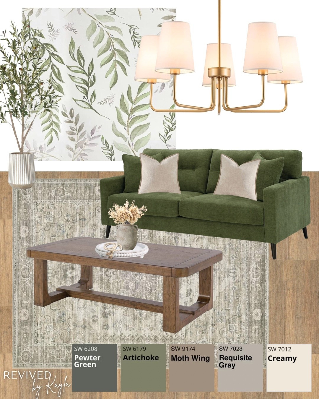 Green and brown living room design with paint colors from Sherwin Williams 🪴

Olive green couch, neutral green rug, wood coffee table, green floral wallpaper, beige throw pillows, gold light fixture chandelier, decorative tree, light wood flooring, paint color palette 

#livingroomdecor #livingroomdesign #homedecor #homedesign #homeinspo #inspiration #olivegreen #greendecor #cozydecor #cozyhome #modernhome #moderndecor #livingroomfurniture #amazon #wayfair #ashley #sherwinwilliams #neutralhome #neutraldecor #greencouch #pewtergreen

#LTKHome #LTKFindsUnder50 #LTKFindsUnder100