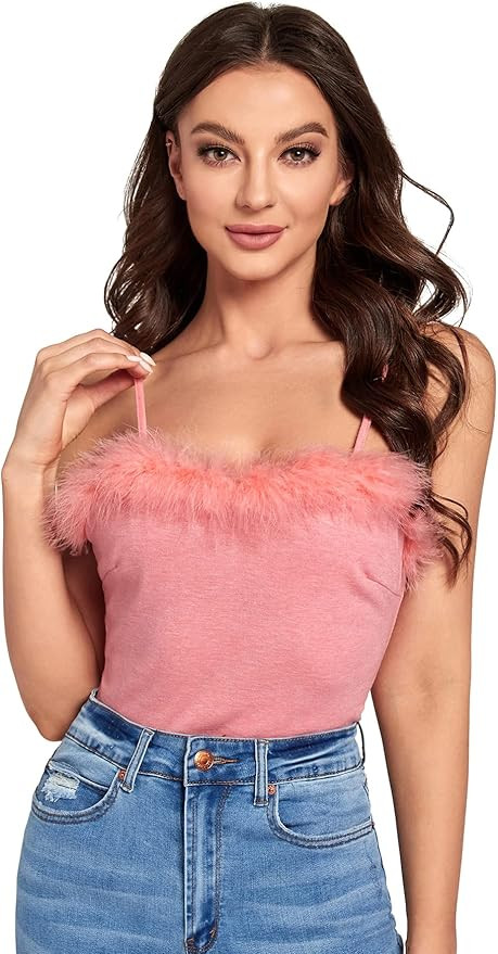 DIDK Women's Faux Fur Deco Spaghetti Strap Crop Cami Top | Amazon (US)