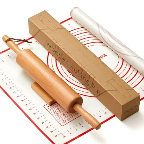 ESDOPA Classic Wood Rolling Pin - Wooden Rolling Pins for Baking Silicone Mat Set, Dough Roller with Wood Base, Fondant Roller for Pie Crust Cookies Pizza Dough and Bread, 17 Inch | Amazon (US)