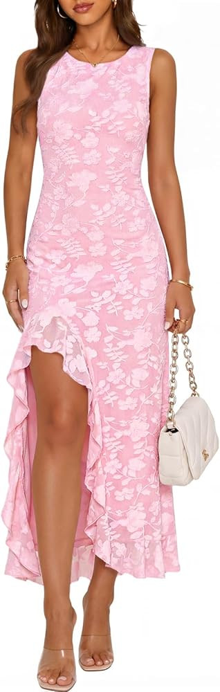 MEROKEETY Women's Summer Floral Ruffle Maxi Dress High Slit Sleeveless Bodycon Formal Cocktail We... | Amazon (US)