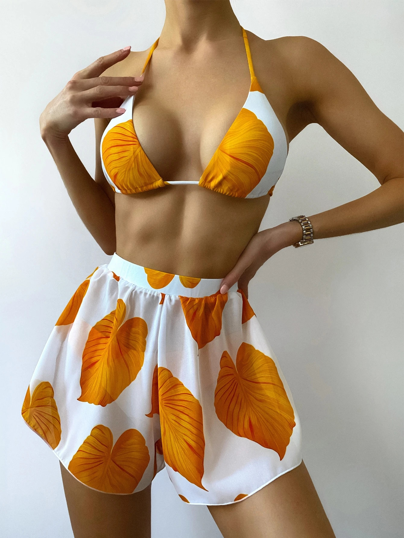 3pack Leaf Print Triangle Bikini Swimsuit & Shorts | SHEIN