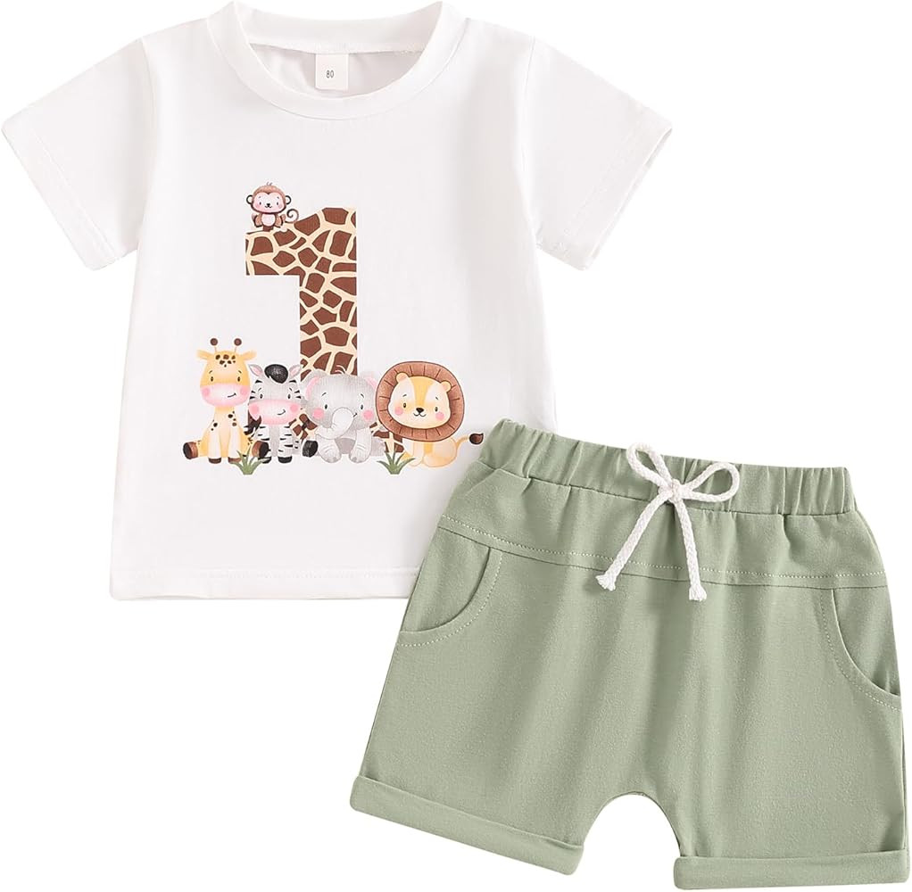 Baby Boy First Birthday Outfit Short Sleeve Shirt Shorts Sets Cute Summer Birthday Clothes 2Pcs | Amazon (US)