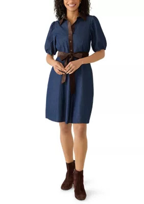 Women's Short Sleeve Denim A-Line Dress with Cord Trim | Belk