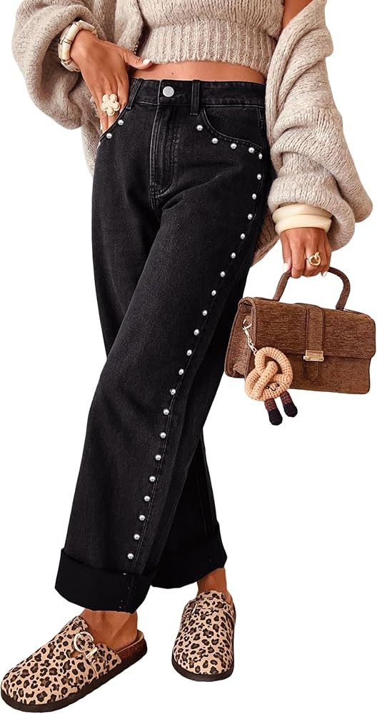 SELINK Women Casual Loose Studded Jeans Straight Wide Leg Denim Pants | Amazon (US)