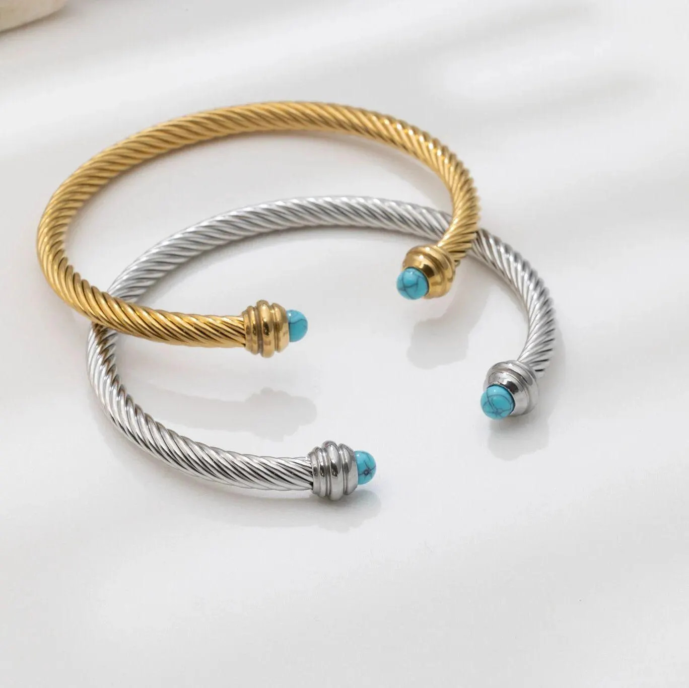 18K Gold PVD Stainless Steel Turquoise Twisted Bangle Bracelet | Etsy (Global)