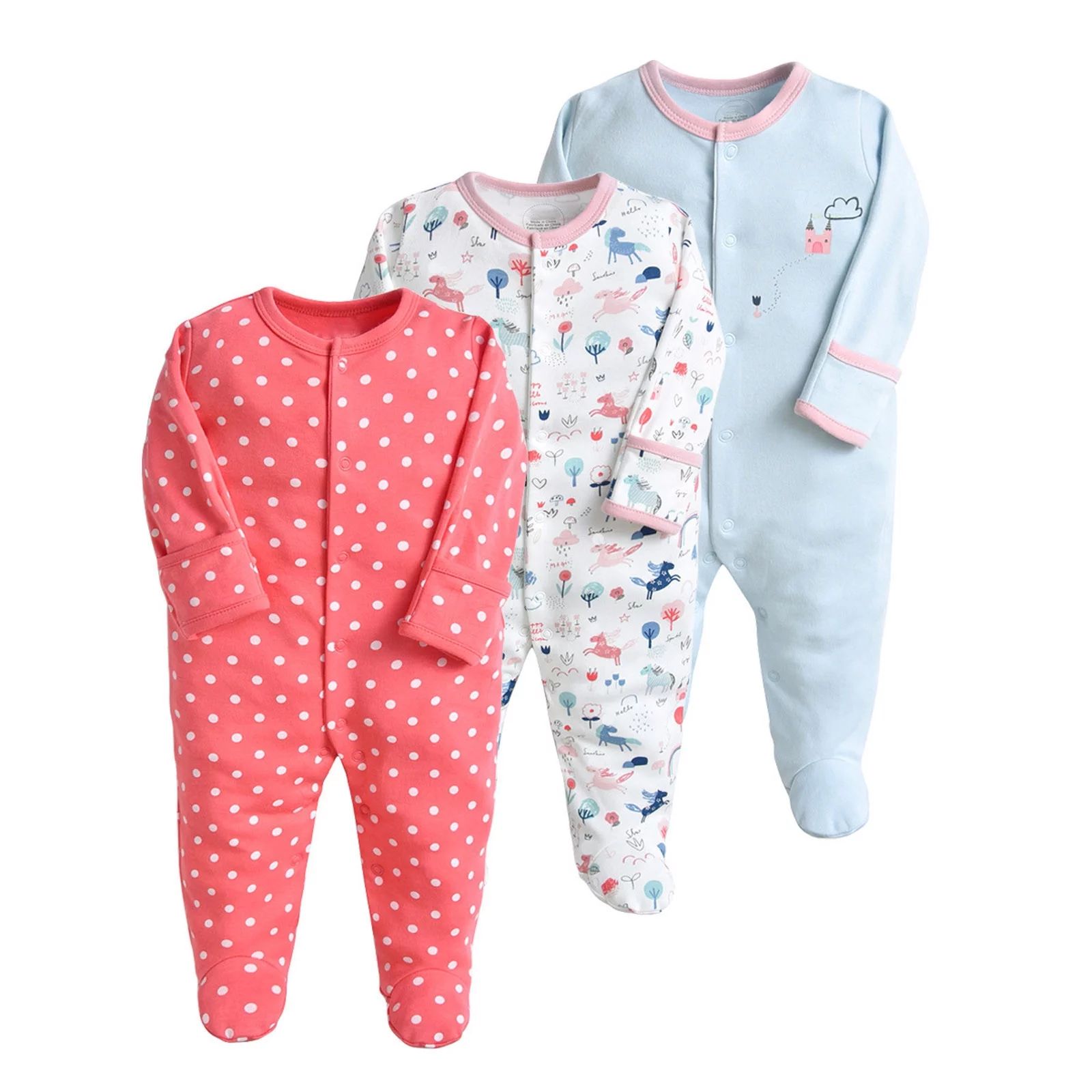 Baby Footie Pajamas with Mittens - 3 Pcs Infant Girls Boys Footed Onesies Sleeper Newborn Cotton ... | Walmart (US)