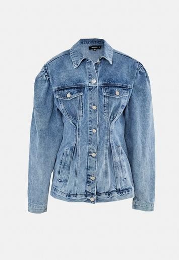 Blue Cinched Waist Puff Sleeve Denim Jacket | Missguided (US & CA)