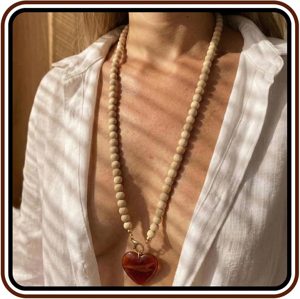 Wood Bead Amber Heart Pendant Necklace for Women, Boho Long Chain Beige Wooden Beaded Vintage Eth... | Amazon (US)