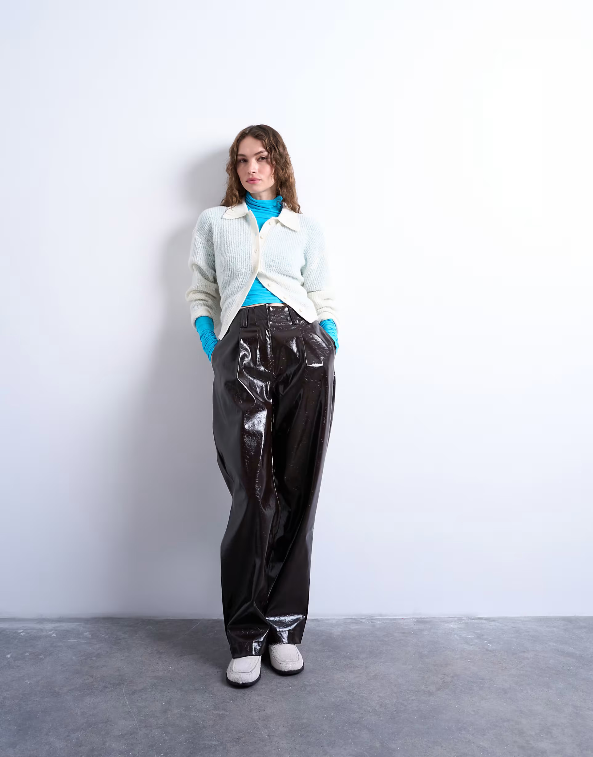 Topshop high neck viscose long sleeve top in blue | ASOS (Global)