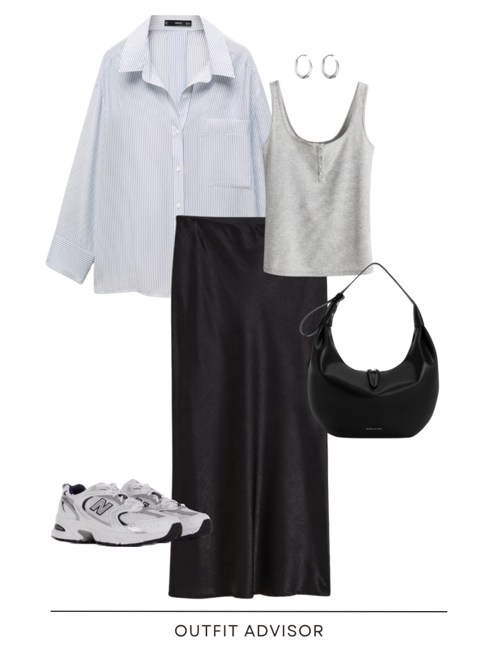 Casual summer outfit: a black midi skirt, grey tank top, striped shirt, new balance 550 sneakers, a balck bag and silver earrings 

#LTKstyletip #LTKitbag #LTKfindsunder50