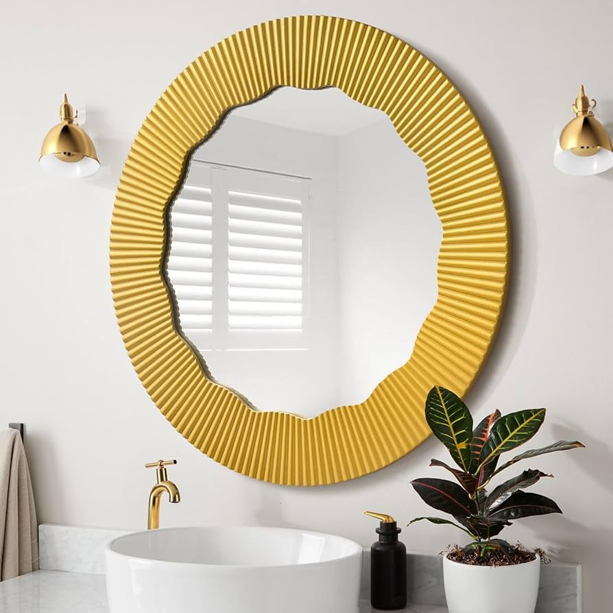 H HOMEWINS Gold Round Mirror,Vanity Decorative Wall Mirror,24" Wood Frame Gold Circle Accent Mirr... | Amazon (US)