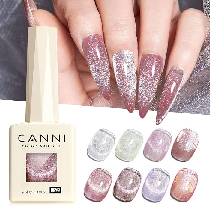 CANNI 8 Pcs 9 ML Cat Eye Gel Nail Polish Set, Pink Green Purple Silver Glitter Rainbow Holographi... | Amazon (US)