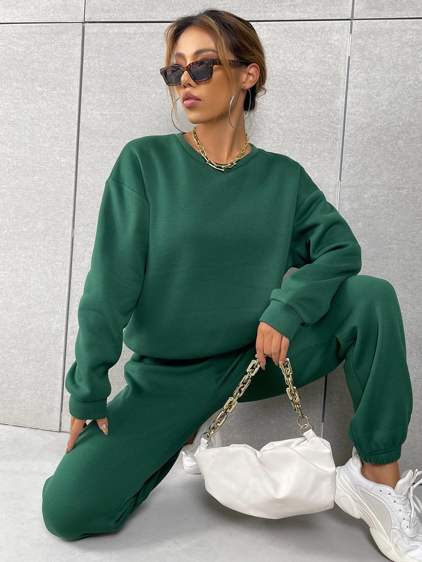 Solid Drop Shoulder Sweatshirt & Sweatpants | SHEIN
