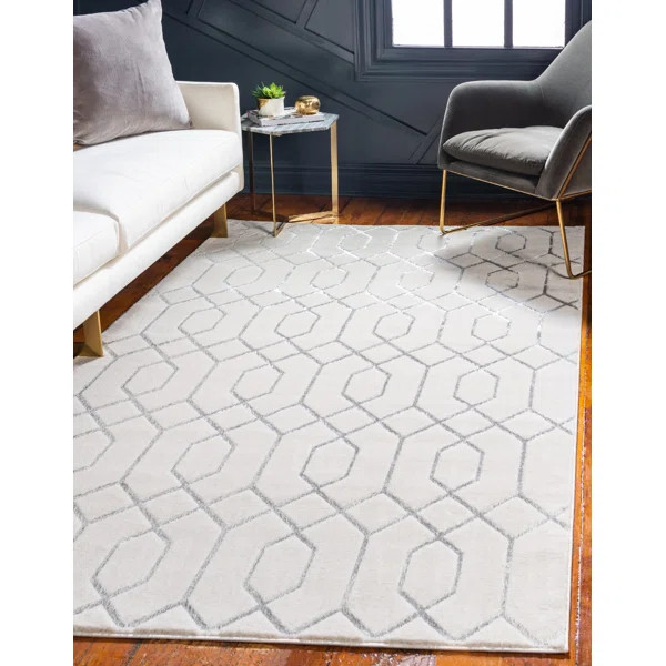 Glam Geometric White Silver Area Rug | Wayfair North America