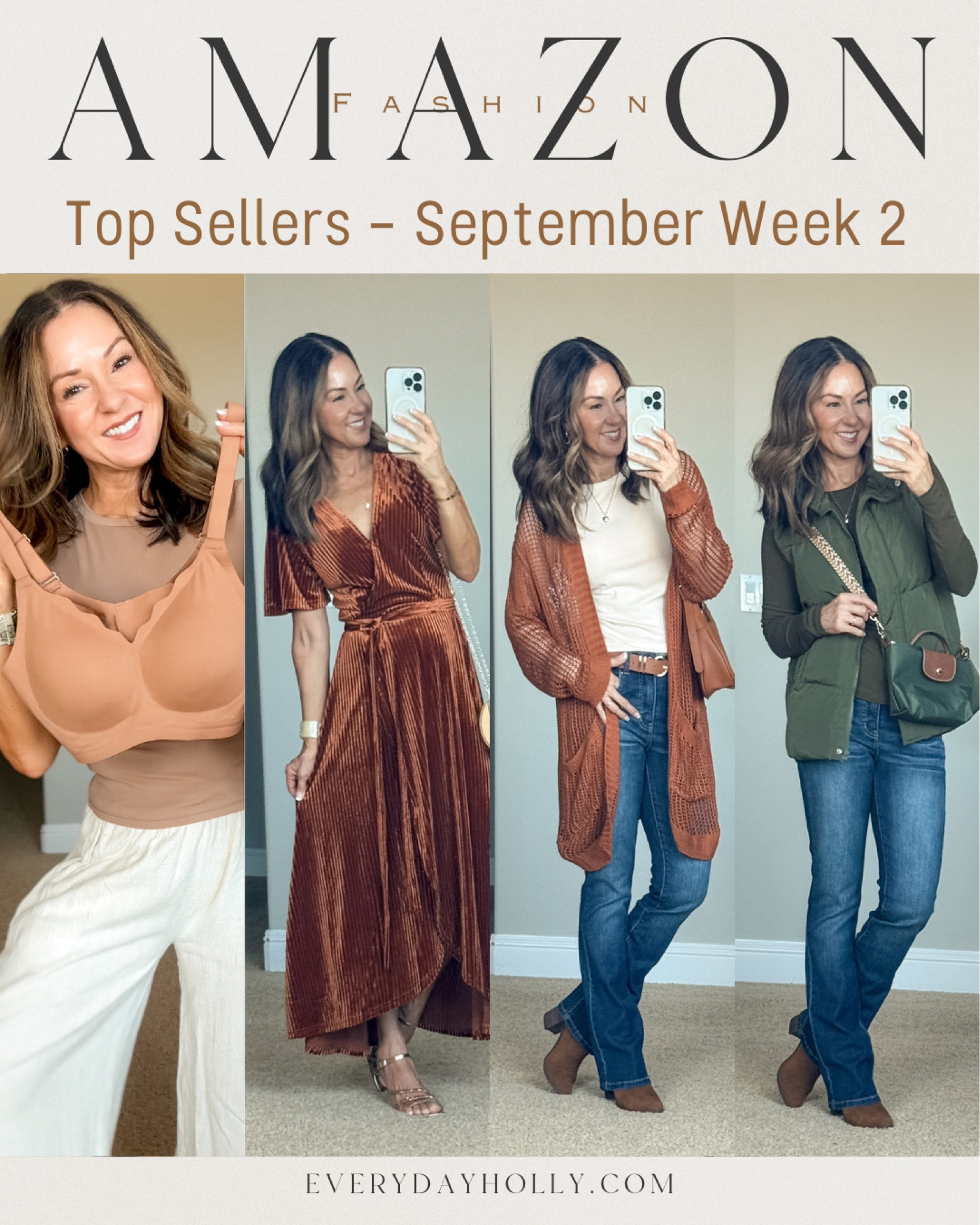 Last weeks Amazon top 5! Wireless seamless push-up bra and wear a small. wedding guest maxi wrap dress size 0-2 in color Z Velvet Burnt Orange. 
 Lightweight long cardigan with pockets size small in army green and light brown. Long sleeve ribbed layering tee super comfortable, not see through size small in army green & beige. super soft lightweight puffer vest with pockets size small in olive and brown. Everyday Holly, fall outfits, fall layers, must have fall trends


#LTKFindsUnder50 #LTKStyleTip #LTKOver40