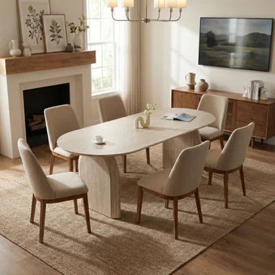 Modern Extendable Oval Wood Dining Table with Dual-Pillar Base, Space-Saving Design for Versatile Use in Living or Dining Room | Wayfair North America