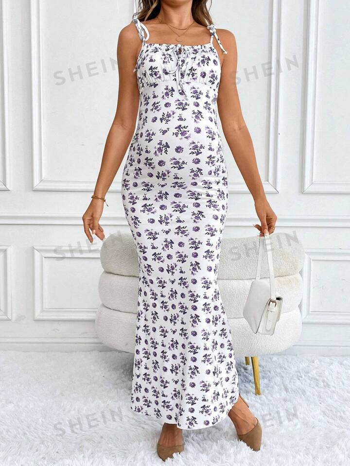 SHEIN Vestido sin mangas de maternidad con estampado floral, fruncido y nudo delantero | SHEIN US... | SHEIN