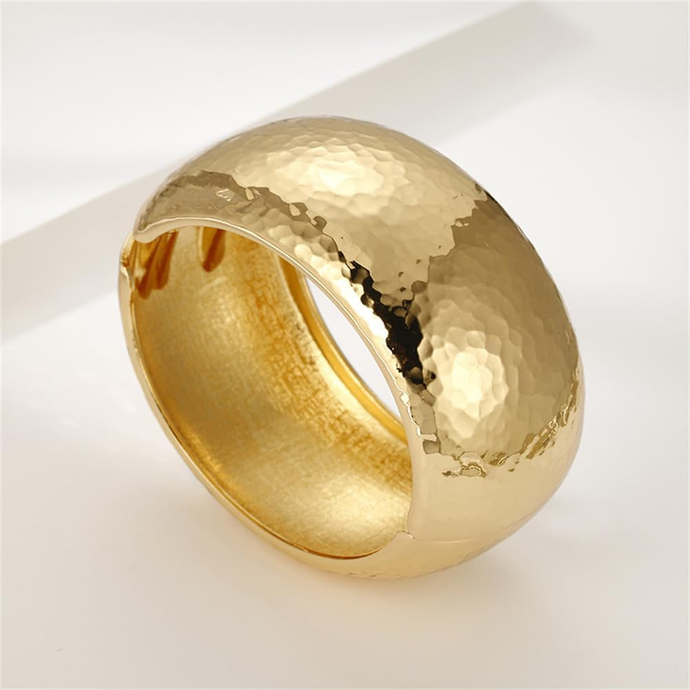 Hammered Wide Chunky Bangle Bracelets for Women Dainty Minimalist 14K Yellow Gold Plated Cuff Wri... | Amazon (US)