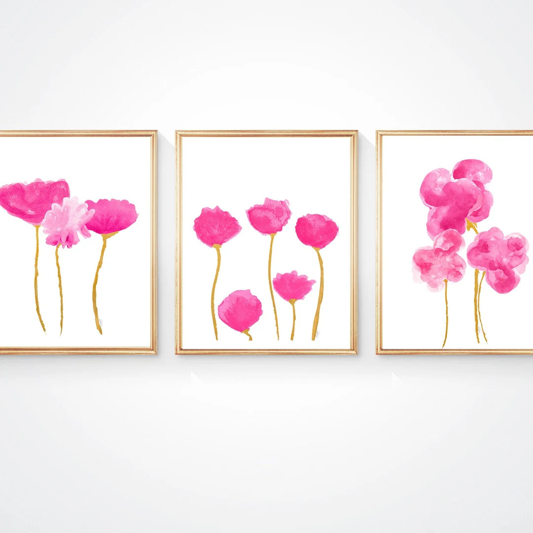 Hot Pink Flower Prints With Gold Stems, Set of 3, Pink Gold Wall Decor, Bright Pink Artwork, Hot ... | Etsy (US)