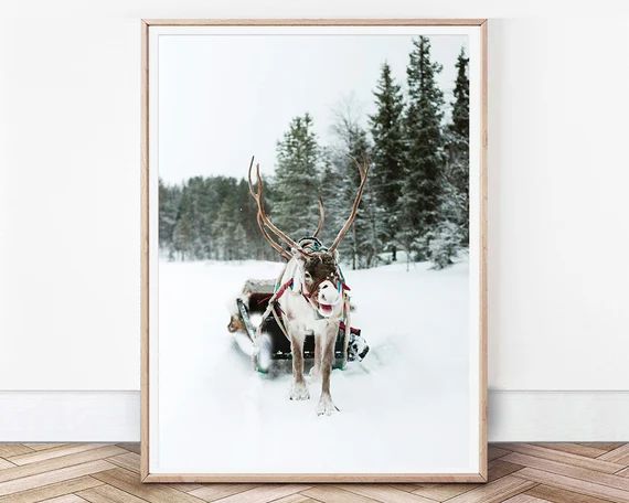 Reindeer Poster Winter Wall Nordic Christmas Santas Sleigh Instant Download Snow Covered Photo Mo... | Etsy (US)