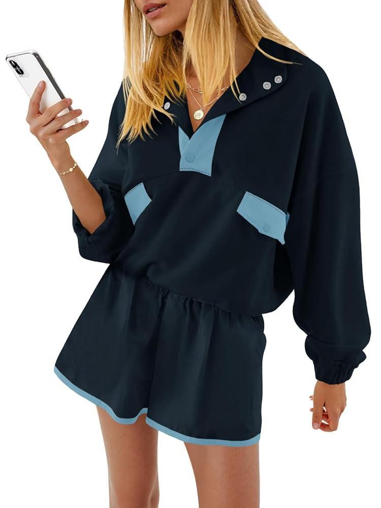 Fisoew Womens 2 Piece Sets Sweatsuits Casual Half Button Color Block Sweatshirts Running Shorts T... | Amazon (US)