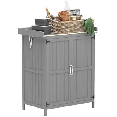 Outdoor Storage Cabinet, Garden Tool Shed with Metal Tabletop and Shelf, Wooden Potting Bench with 2 Doors for Backyard, Patio, Lawn, Gray | Wayfair North America