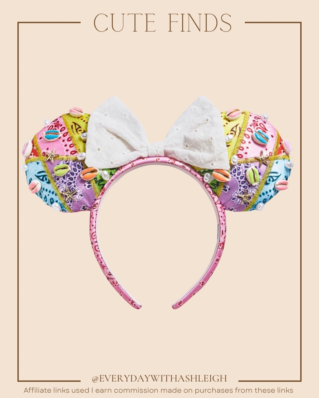 Cute new find from BaubleBar. This pair of Minnie Miuse ears has a fun multicolor bandanna print. Embellished with vibrant puka shells, gold starfish charms, and glossy pearls and topped with a white eyelet bow. 

#LTKstorytime #LTKSeasonal #LTKTravel
