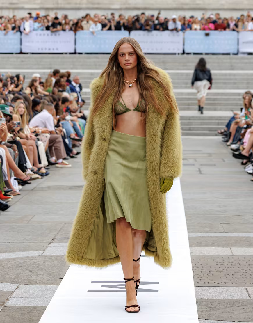 Topshop faux fur super long coat in green | ASOS (Global)