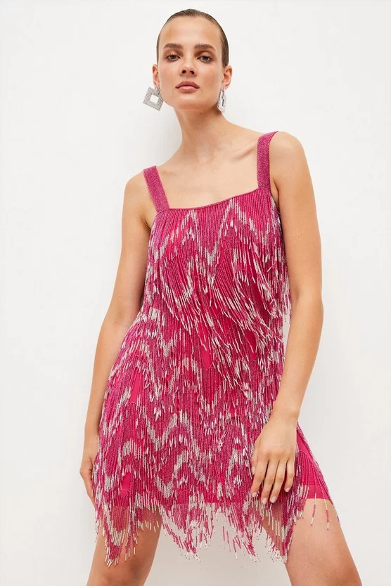 Square Neck Embellished Fringed Mini Dress | Karen Millen US
