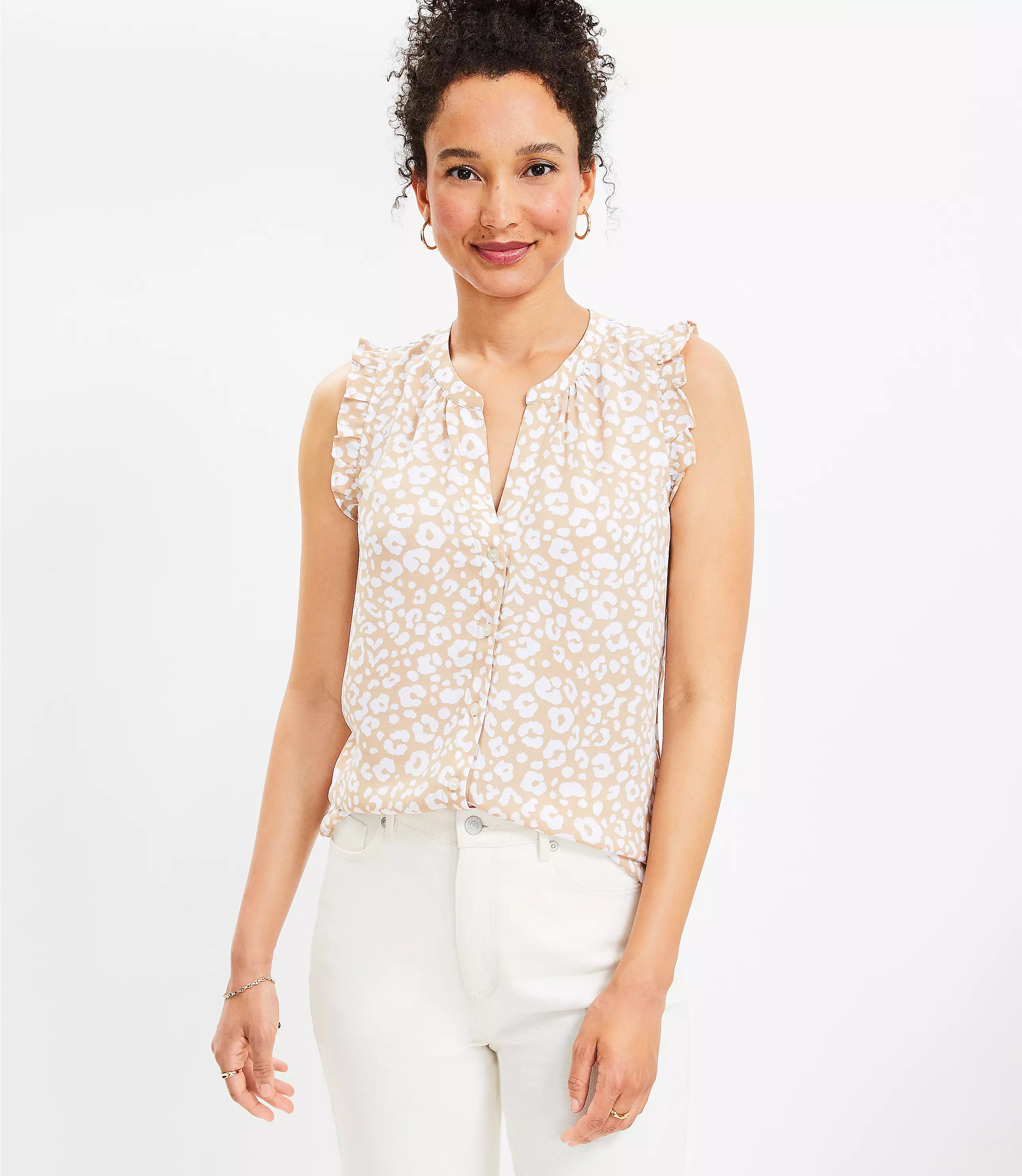 Cheetah Print Ruffle Button Mixed Media Top | LOFT