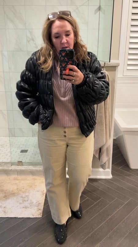 Pants size 12. They’re a really good weight. Especially for an off white. You don’t want see through. Very comfy. Order smaller size in pants and sweater. 
Love this fun faux leather puffer. It’s warm!!!

#LTKover40 #LTKstyletip #LTKmidsize