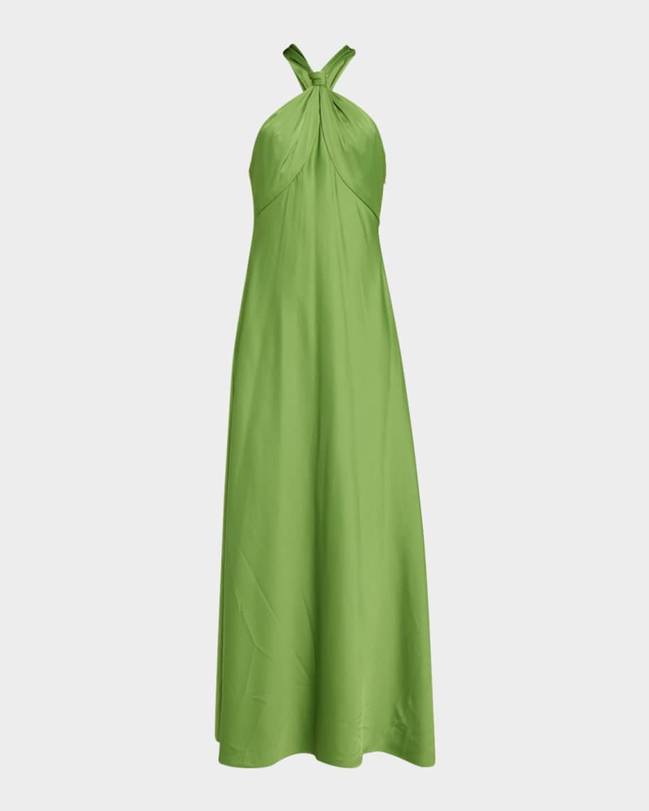 Liv Foster Knot-Embellished Satin Halter Gown | Neiman Marcus