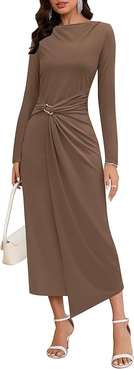 Women's Long Sleeve Bodycon Maxi Dress Elegant Mock Neck Ruched Waist Formal Wedding Guest Cockta... | Amazon (US)