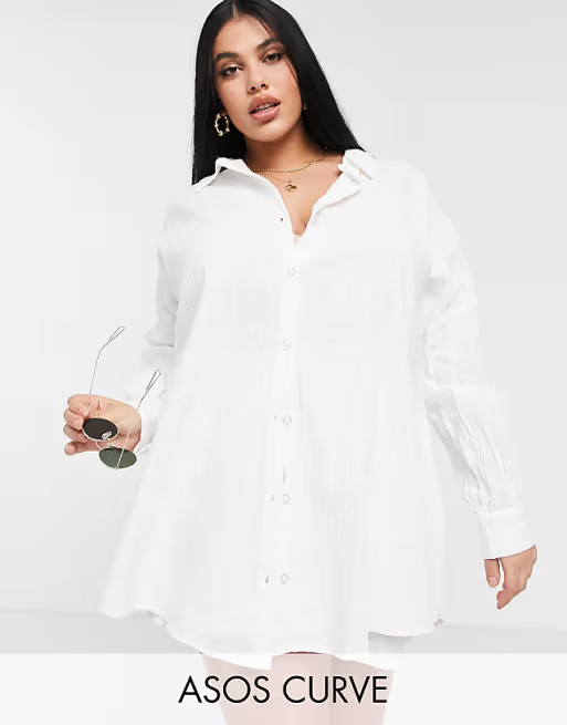 ASOS DESIGN curve textured button through beach shirt in white | ASOS (Global)